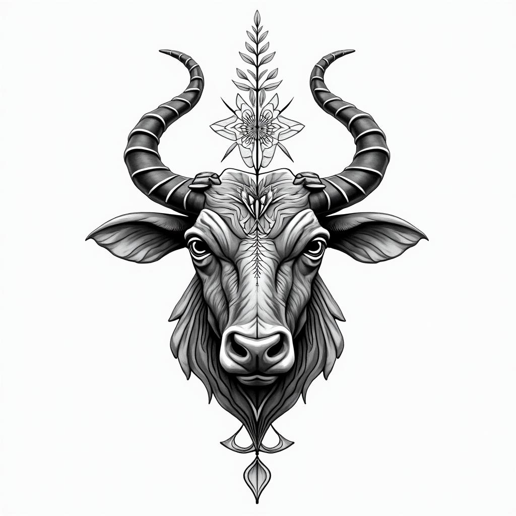 Taurus symbol not the bull. With color. Add some Lilly of the valley into the tattoo. Also the Taurus consolation. in geometric style tattoo, blending hexagons, mandala-inspired patterns, symmetrical and fractal design, clean lines, sharp angles