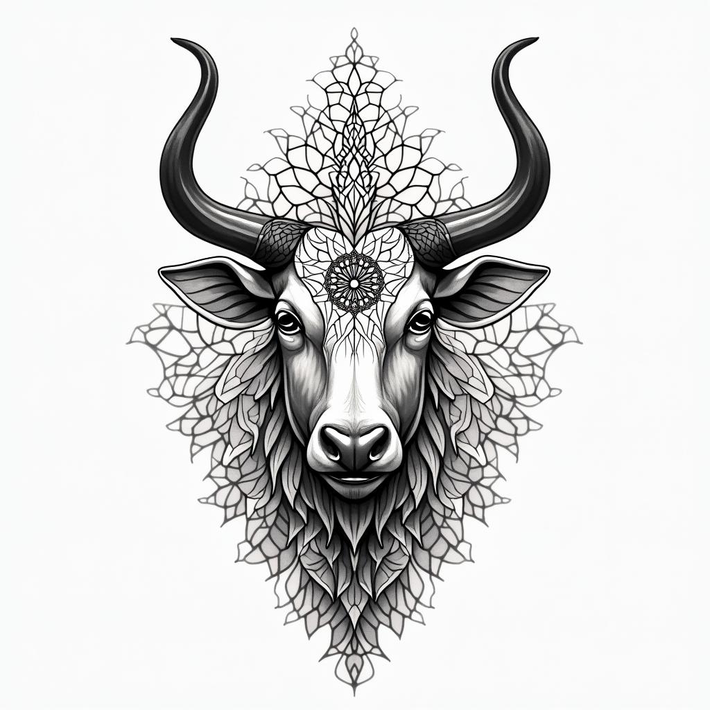 Taurus symbol not the bull. With color. Add some Lilly of the valley into the tattoo. Also the Taurus consolation. in geometric style tattoo, blending hexagons, mandala-inspired patterns, symmetrical and fractal design, clean lines, sharp angles - Variation 2