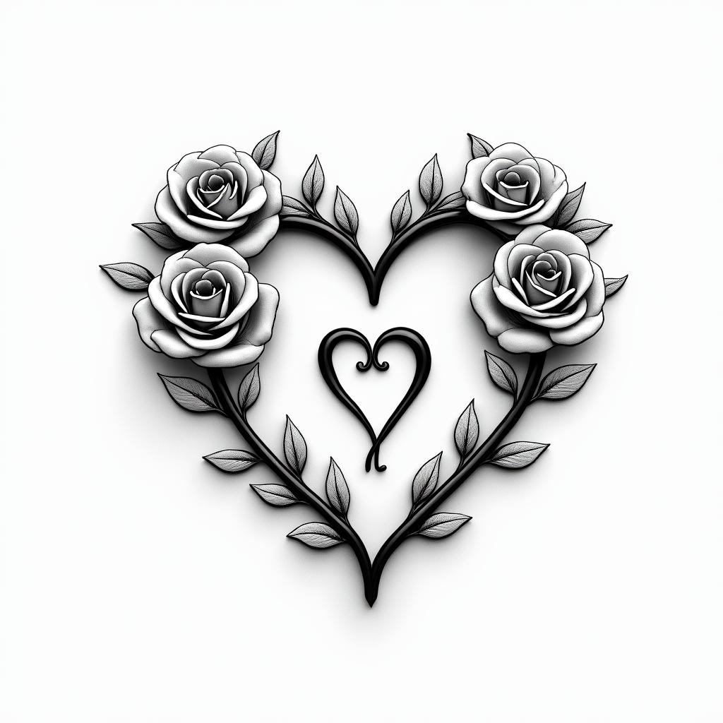 Flávia da Fonseca Vilela, Aries, seeking to reconnect and be happy.in elegant cursive calligraphy style 2d tattoo, decorate with roses, featuring a smooth and flowing handwritten script with slightly thickened strokes for a luxurious and bold appearance,  heart symbol between names,  sleek and glossy black text with shadowing, minimalist matte white background, clean and sharp edges, illuminated with soft lighting, romantic, 8k, high-quality textures with refined typography - Variation 4