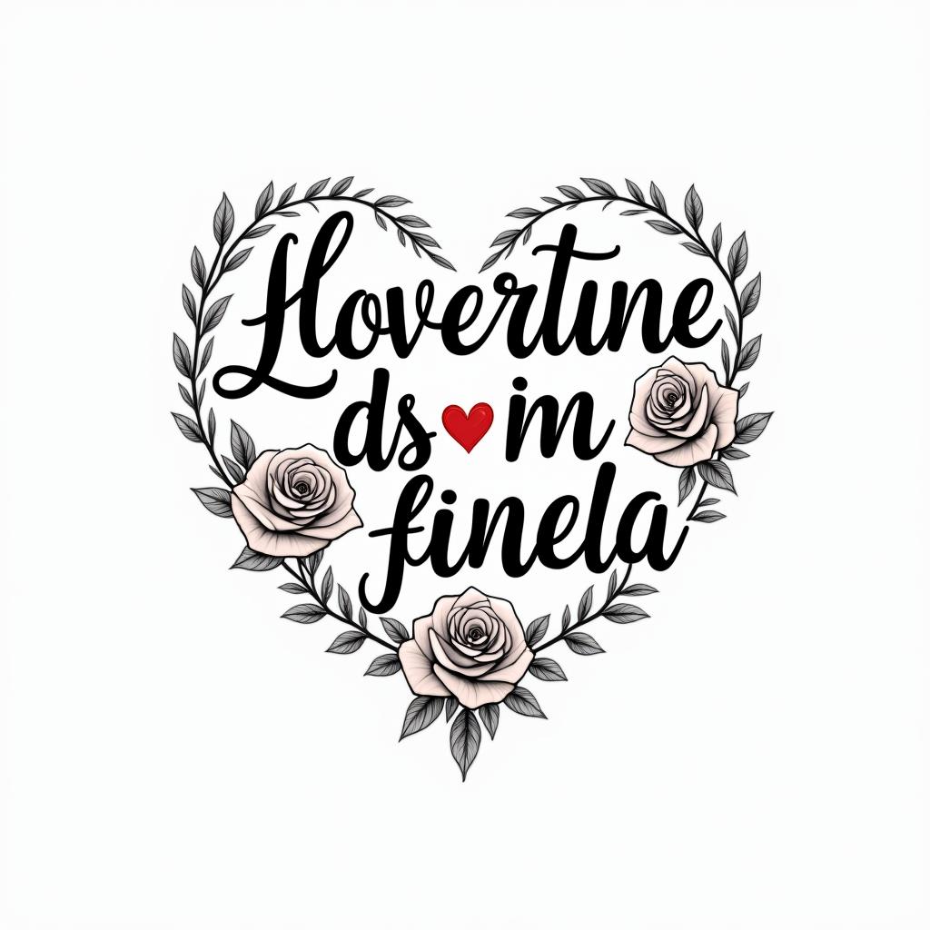 Flávia da Fonseca Vilela, Aries, seeking to reconnect and be happy.in elegant cursive calligraphy style 2d tattoo, decorate with roses, featuring a smooth and flowing handwritten script with slightly thickened strokes for a luxurious and bold appearance,  heart symbol between names,  sleek and glossy black text with shadowing, minimalist matte white background, clean and sharp edges, illuminated with soft lighting, romantic, 8k, high-quality textures with refined typography - Variation 3