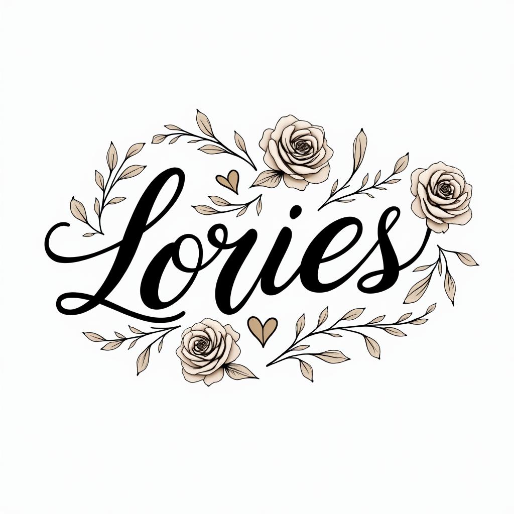 Flávia da Fonseca Vilela, Aries, seeking to reconnect and be happy.in elegant cursive calligraphy style 2d tattoo, decorate with roses, featuring a smooth and flowing handwritten script with slightly thickened strokes for a luxurious and bold appearance,  heart symbol between names,  sleek and glossy black text with shadowing, minimalist matte white background, clean and sharp edges, illuminated with soft lighting, romantic, 8k, high-quality textures with refined typography - Variation 2