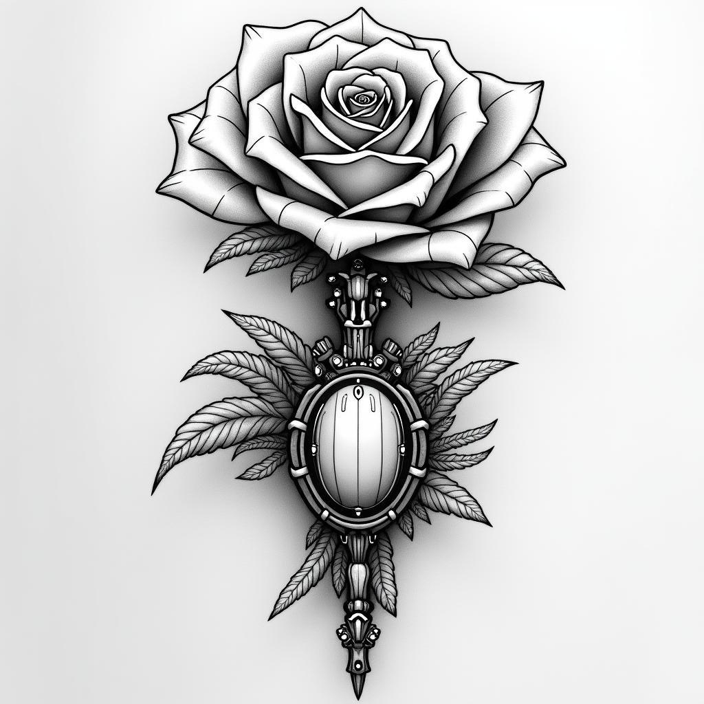 Rosestattoo in biomechanic style, the tattoo covered by robotic elements of futuristic cyberpunk design, robotic features detail, showcasing intricate mechanical components - Variation 4