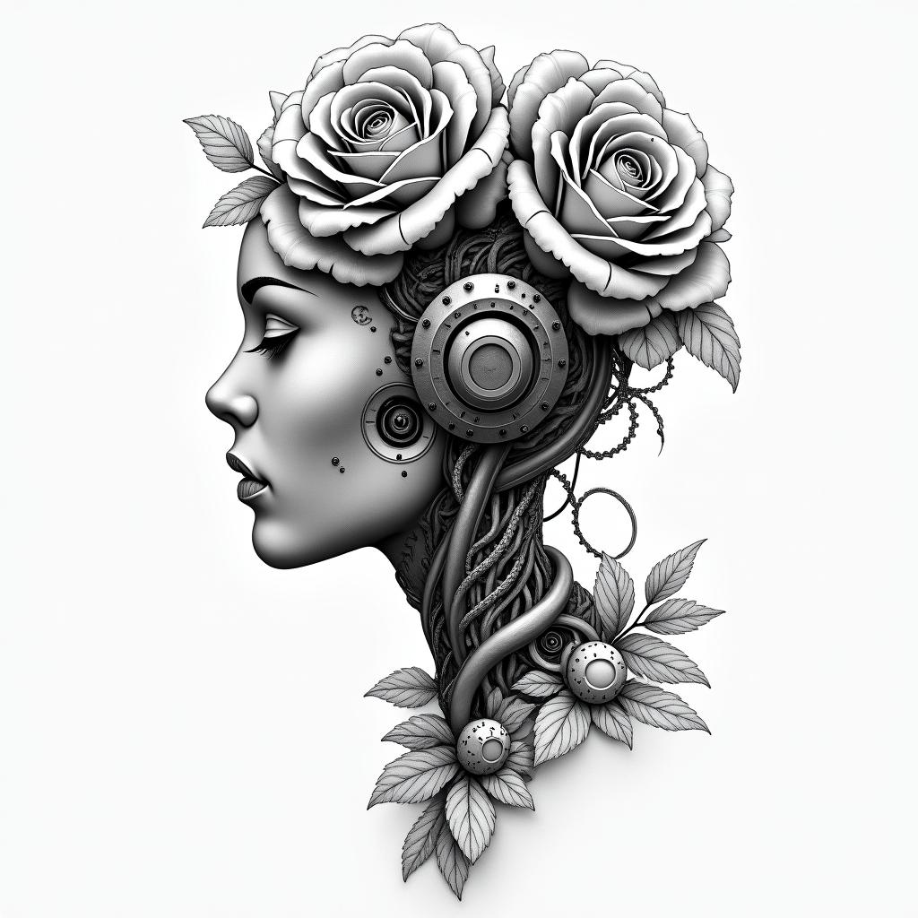 Rosestattoo in biomechanic style, the tattoo covered by robotic elements of futuristic cyberpunk design, robotic features detail, showcasing intricate mechanical components - Variation 2
