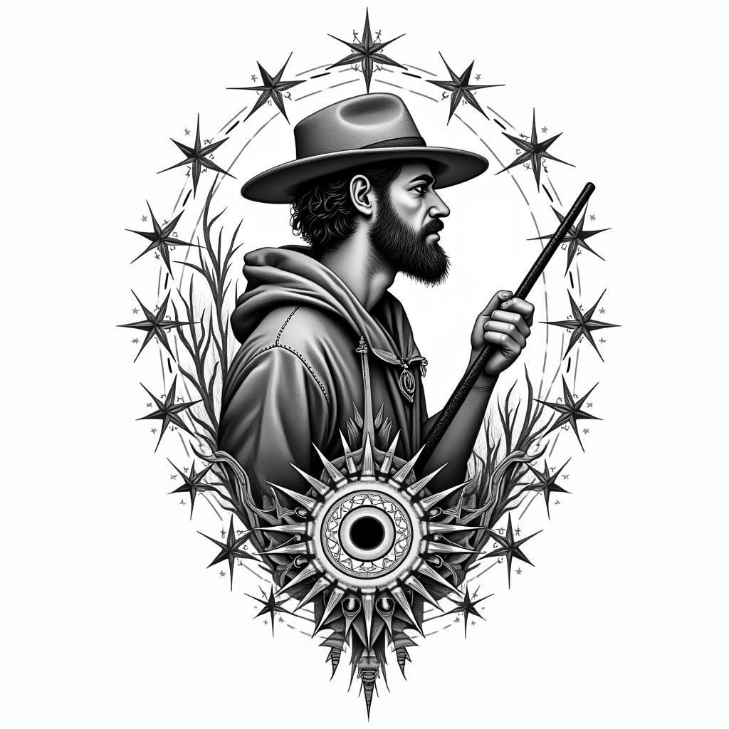Zachary BonHomme nature fishing hunting hard working simple manin prophecy tattoo style, featuring mystical symbols, celestial imagery like stars, moons, suns, geometric patterns, foretelling elements, an eye of wisdom - Variation 4