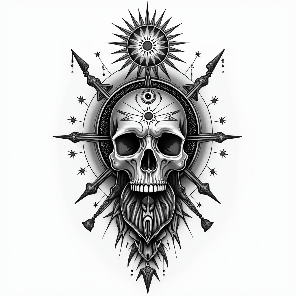 Zachary BonHomme nature fishing hunting hard working simple manin prophecy tattoo style, featuring mystical symbols, celestial imagery like stars, moons, suns, geometric patterns, foretelling elements, an eye of wisdom - Variation 2