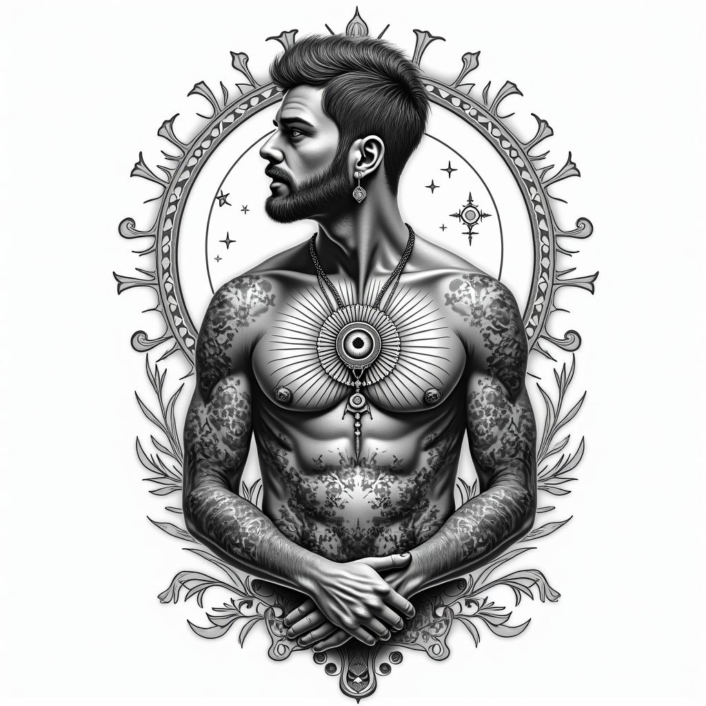 Zachary BonHomme nature fishing hunting hard working simple manin prophecy tattoo style, featuring mystical symbols, celestial imagery like stars, moons, suns, geometric patterns, foretelling elements, an eye of wisdom - Variation 3
