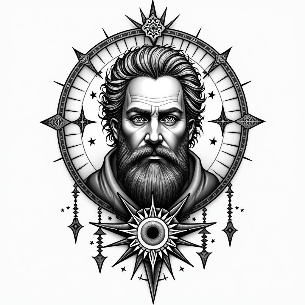 Zachary BonHomme nature fishing hunting hard working simple manin prophecy tattoo style, featuring mystical symbols, celestial imagery like stars, moons, suns, geometric patterns, foretelling elements, an eye of wisdom