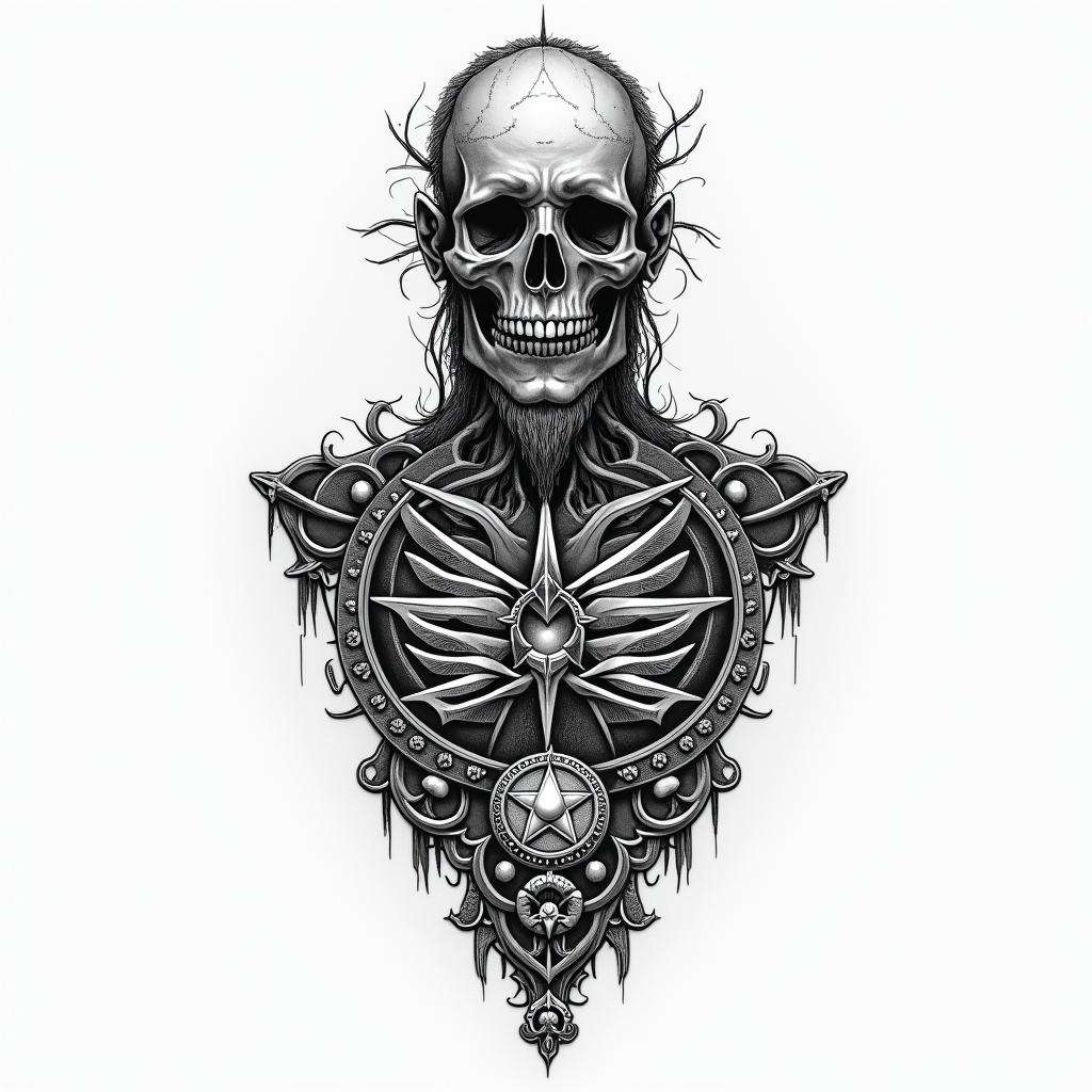 Deceased brotherin paganic style tattoo, featuring ancient symbols, add vegvisir symbol, mystical figures, incorporating designs, pentagrams, runes, crescent moons, - Variation 2