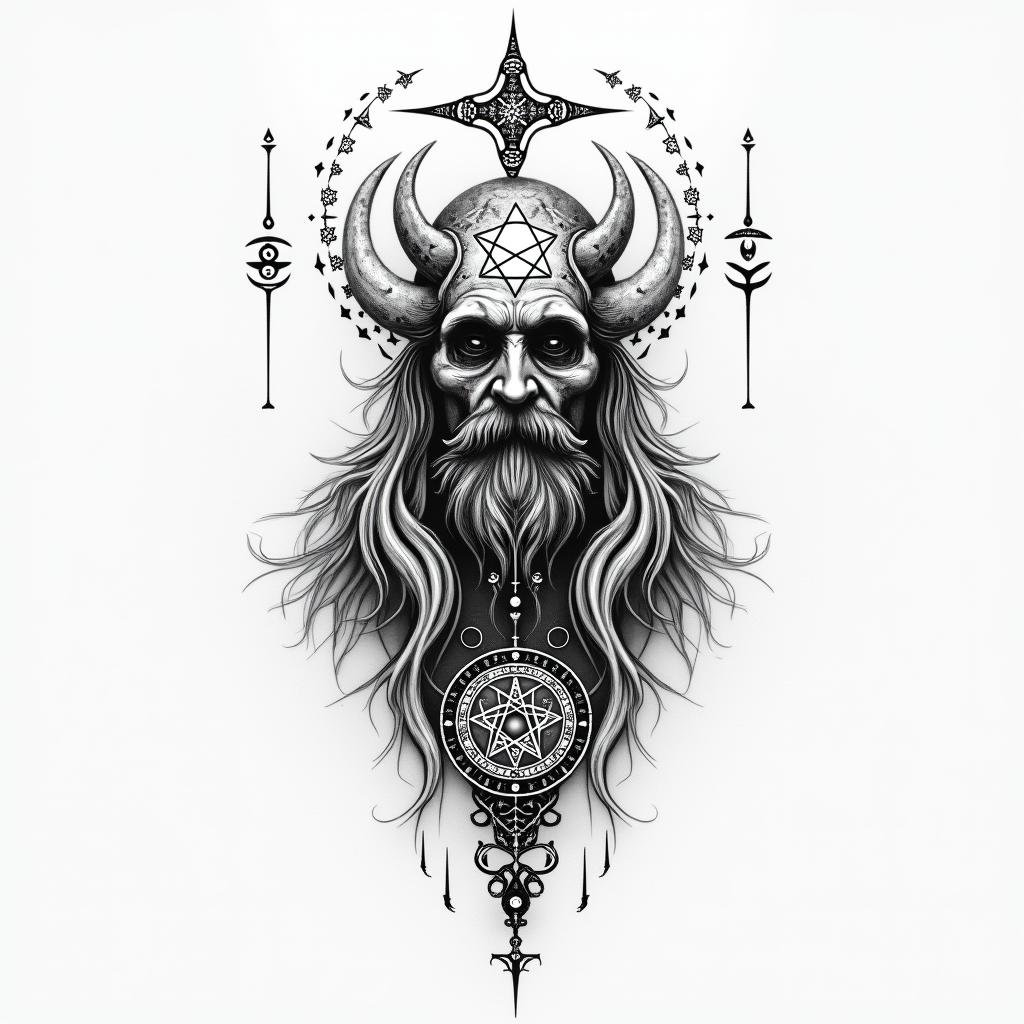 Deceased brotherin paganic style tattoo, featuring ancient symbols, add vegvisir symbol, mystical figures, incorporating designs, pentagrams, runes, crescent moons,