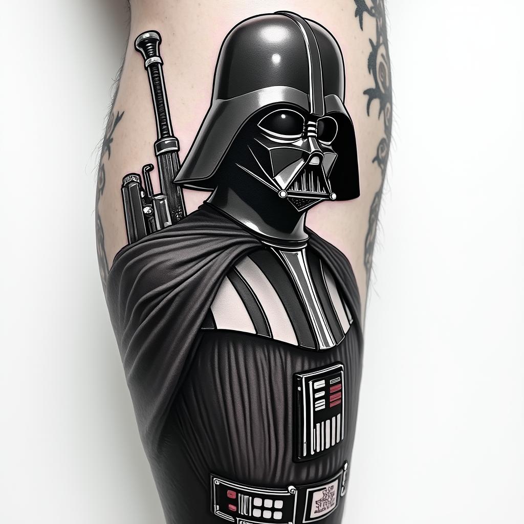 I want a vllans tattoo with darth Vader venom freeza and the joker. With a dark comic book style for a leg sleeve higly detailed tattoo