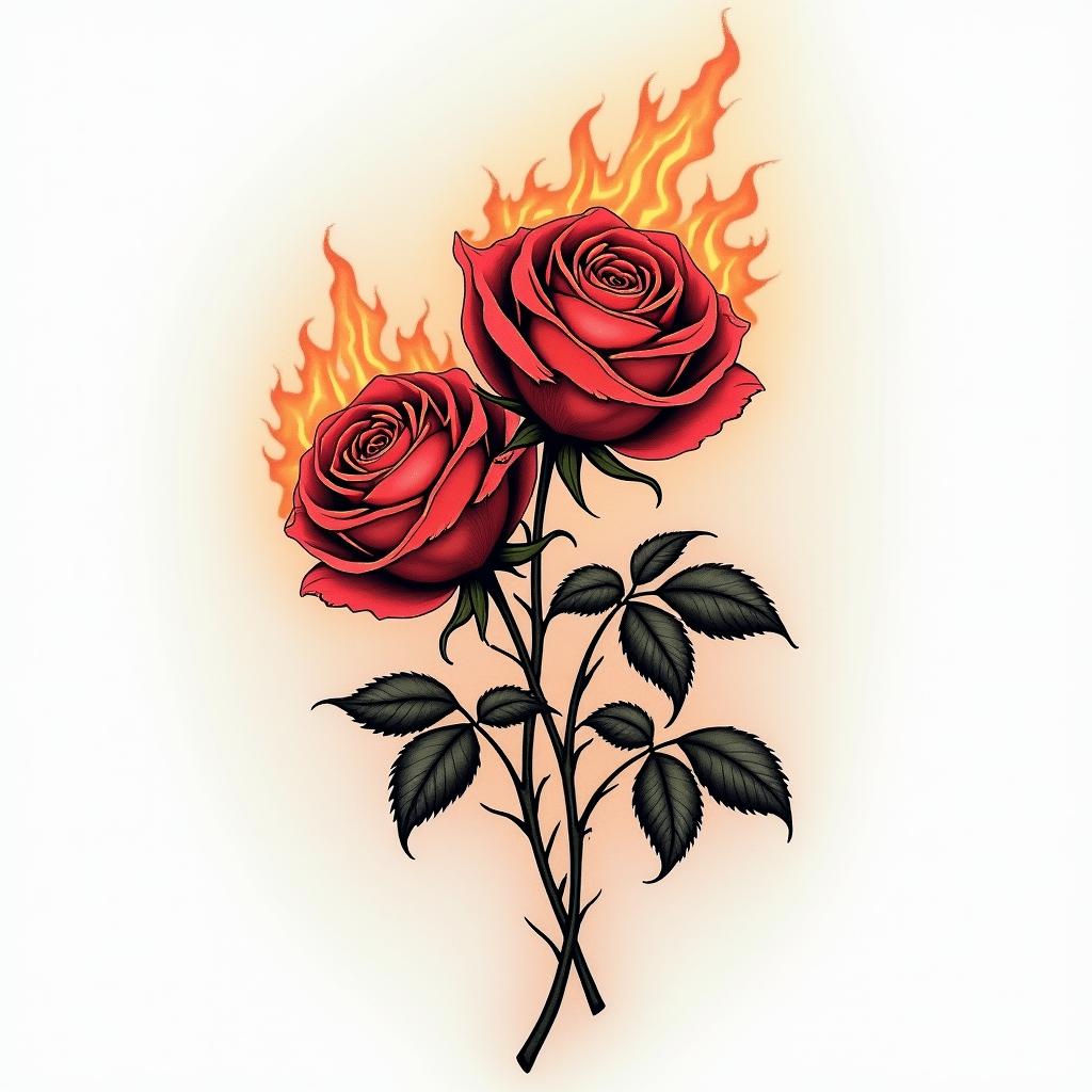 Rosesin flame tattoo style showcasing fiery elements with dynamic flame patterns, glowing effect of flames, natural colors