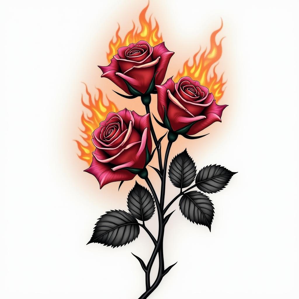 Rosesin flame tattoo style showcasing fiery elements with dynamic flame patterns, glowing effect of flames, natural colors - Variation 3