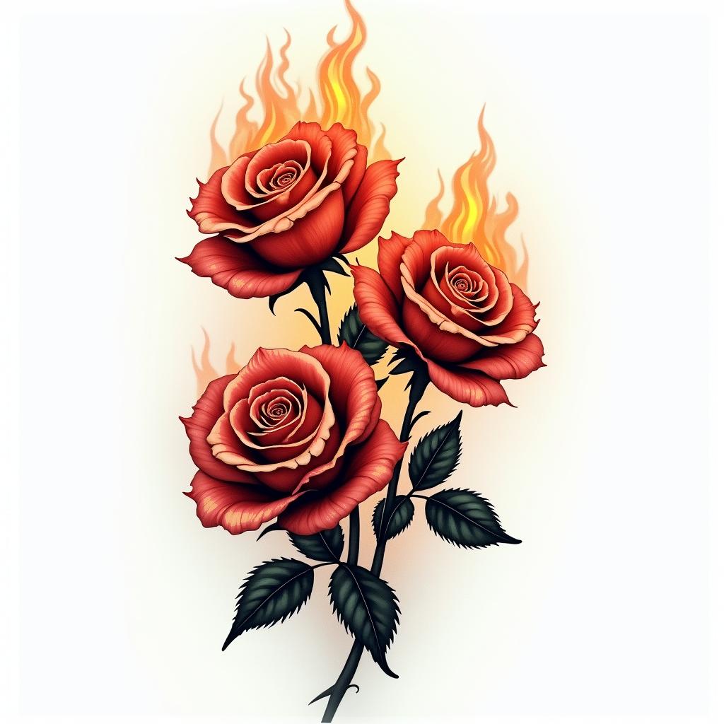 Rosesin flame tattoo style showcasing fiery elements with dynamic flame patterns, glowing effect of flames, natural colors - Variation 2