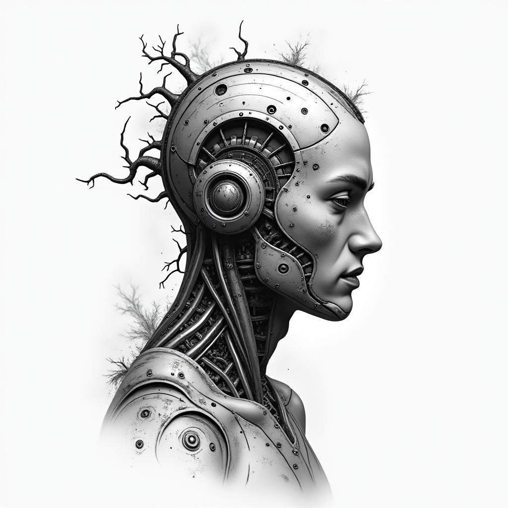 Zachary BonHomme nature fishing hunting hard working simple mantattoo in biomechanic style, the tattoo covered by robotic elements of futuristic cyberpunk design, robotic features detail, showcasing intricate mechanical components