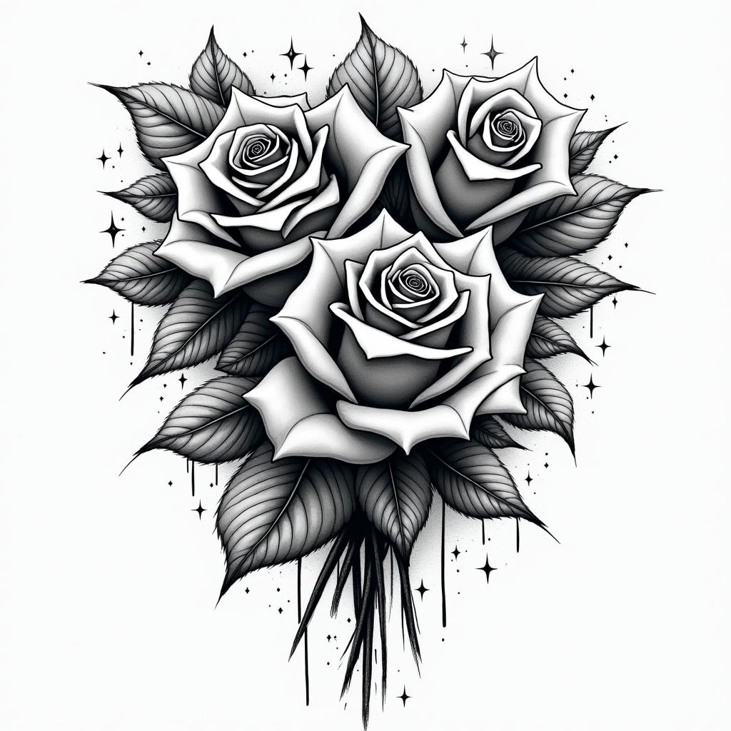Rosesin graffiti style tattoo, featuring bold and dynamic street art elements, spray-paint texture with exaggerated lines and expressive, chaotic brushstrokes, intricate lettering incorporated with graffiti tags, symbols like hearts, stars, and wings - Variation 3