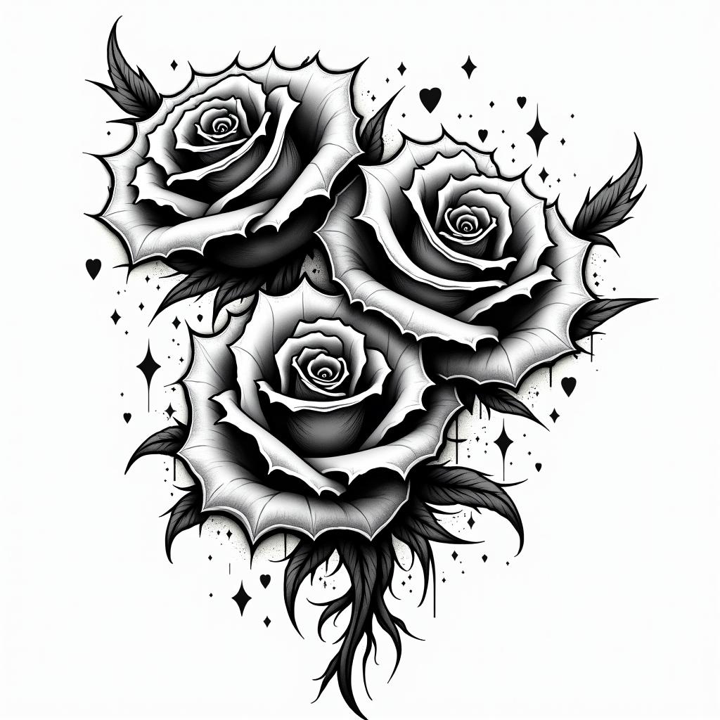 Rosesin graffiti style tattoo, featuring bold and dynamic street art elements, spray-paint texture with exaggerated lines and expressive, chaotic brushstrokes, intricate lettering incorporated with graffiti tags, symbols like hearts, stars, and wings