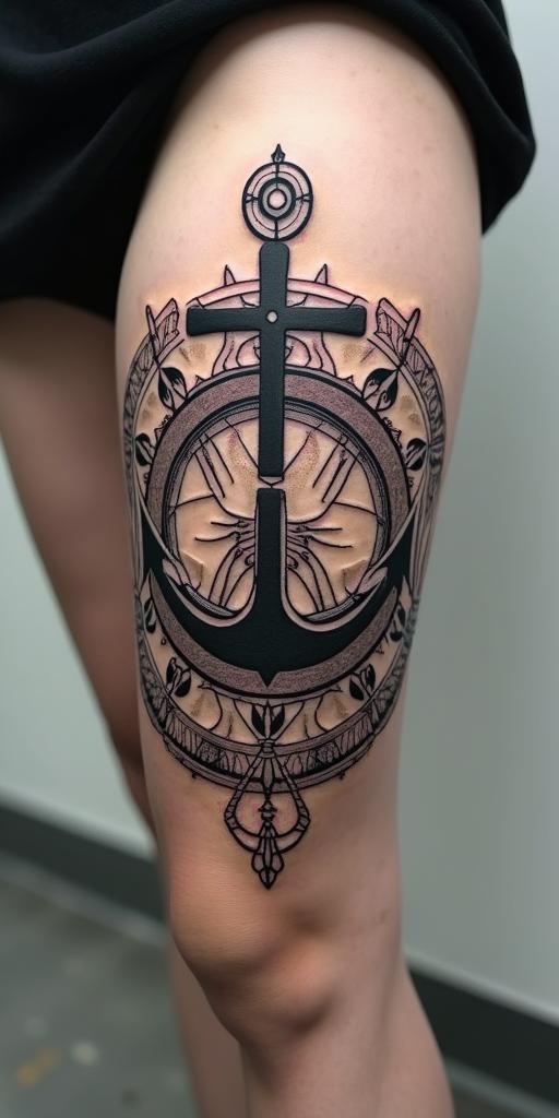 Anchor with nautical rope and compassin dotwork style tattoo, complex mandala patterns, interlocking geometric shapes with sharp symmetry, clean lines, sharp angles - Variation 7