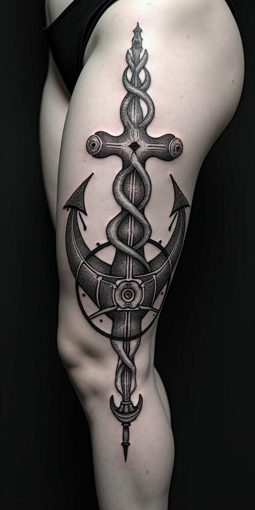 Anchor with nautical rope and compassin dotwork style tattoo, complex mandala patterns, interlocking geometric shapes with sharp symmetry, clean lines, sharp angles - Variation 9
