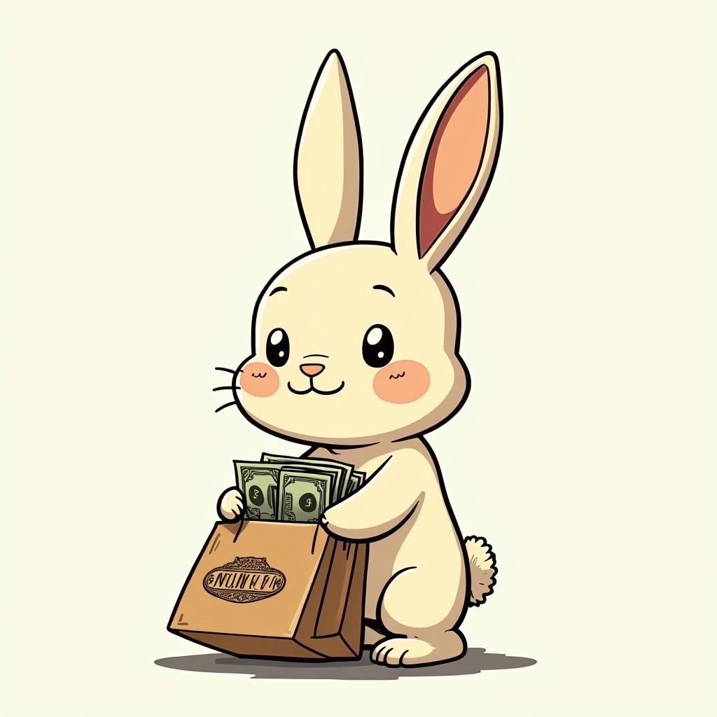 Bunny holding a money bag with supercar and cartoon styleGhibli, Studio Ghibli aesthetic, hand-drawn anime style, retro nostalgic atmosphere, retro soft pastel color palette with earthy tones, retro Japanese cinematic shot, yellow tint effect, bald character, smooth surface, anime shadow 90's anime style - Variation 4