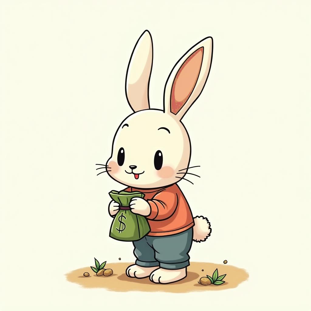 Bunny holding a money bag with supercar and cartoon styleGhibli, Studio Ghibli aesthetic, hand-drawn anime style, retro nostalgic atmosphere, retro soft pastel color palette with earthy tones, retro Japanese cinematic shot, yellow tint effect, bald character, smooth surface, anime shadow 90's anime style - Variation 3