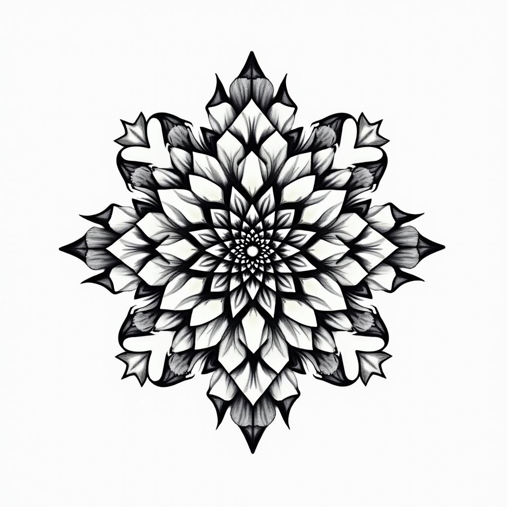 Roses in geometric style tattoo, blending hexagons, mandala-inspired patterns, symmetrical and fractal design, clean lines, sharp angles - Variation 4