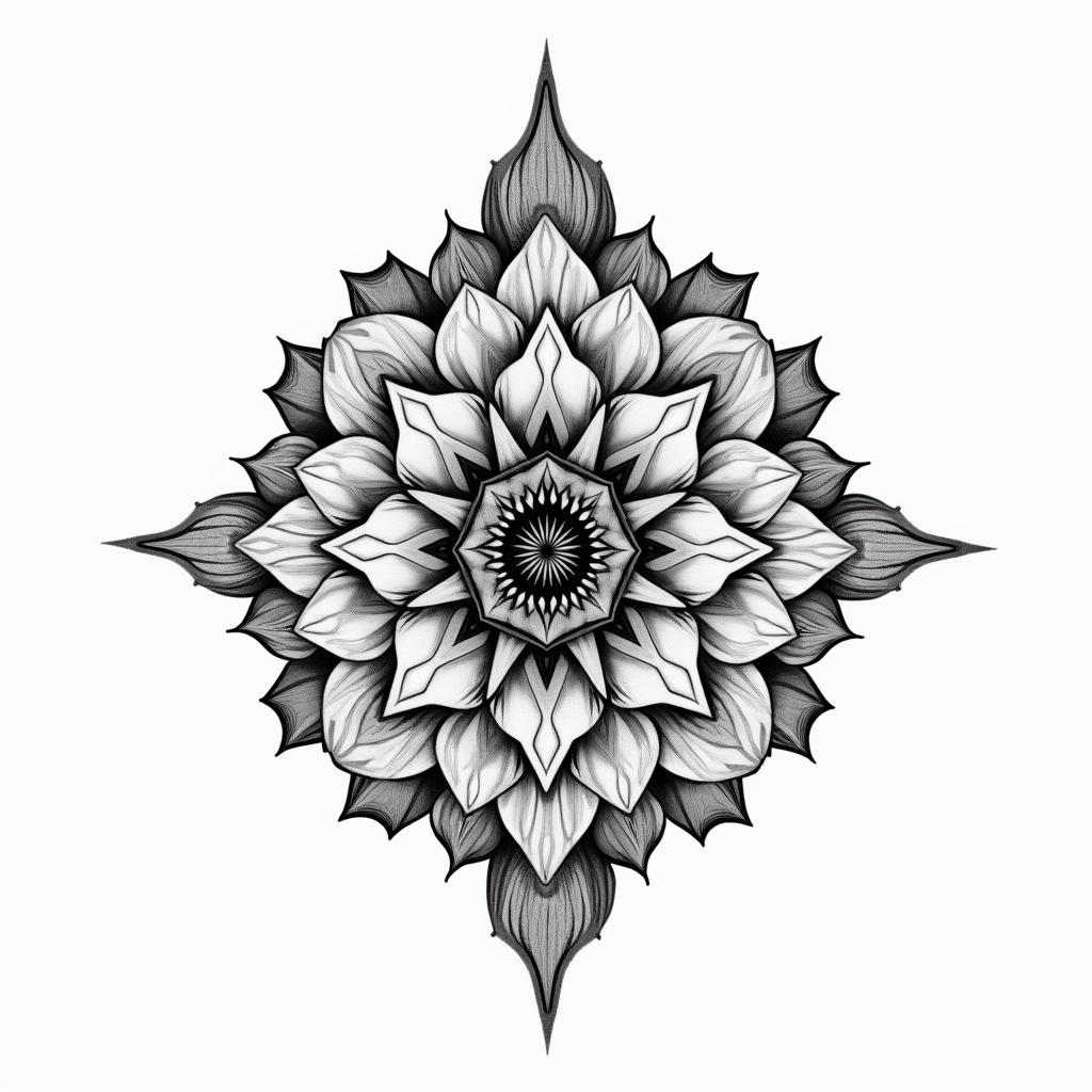 Roses in geometric style tattoo, blending hexagons, mandala-inspired patterns, symmetrical and fractal design, clean lines, sharp angles - Variation 3
