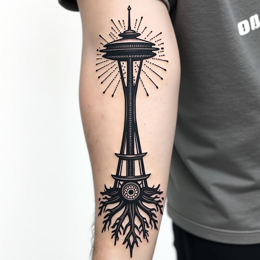 Arm sleeve tattoo with a Pacific Northwest theme and a space needle with tree roots as the bottom with the number 999 hidden in the tattooin dotwork style tattoo, complex mandala patterns, interlocking geometric shapes with sharp symmetry, clean lines, sharp angles - Variation 4