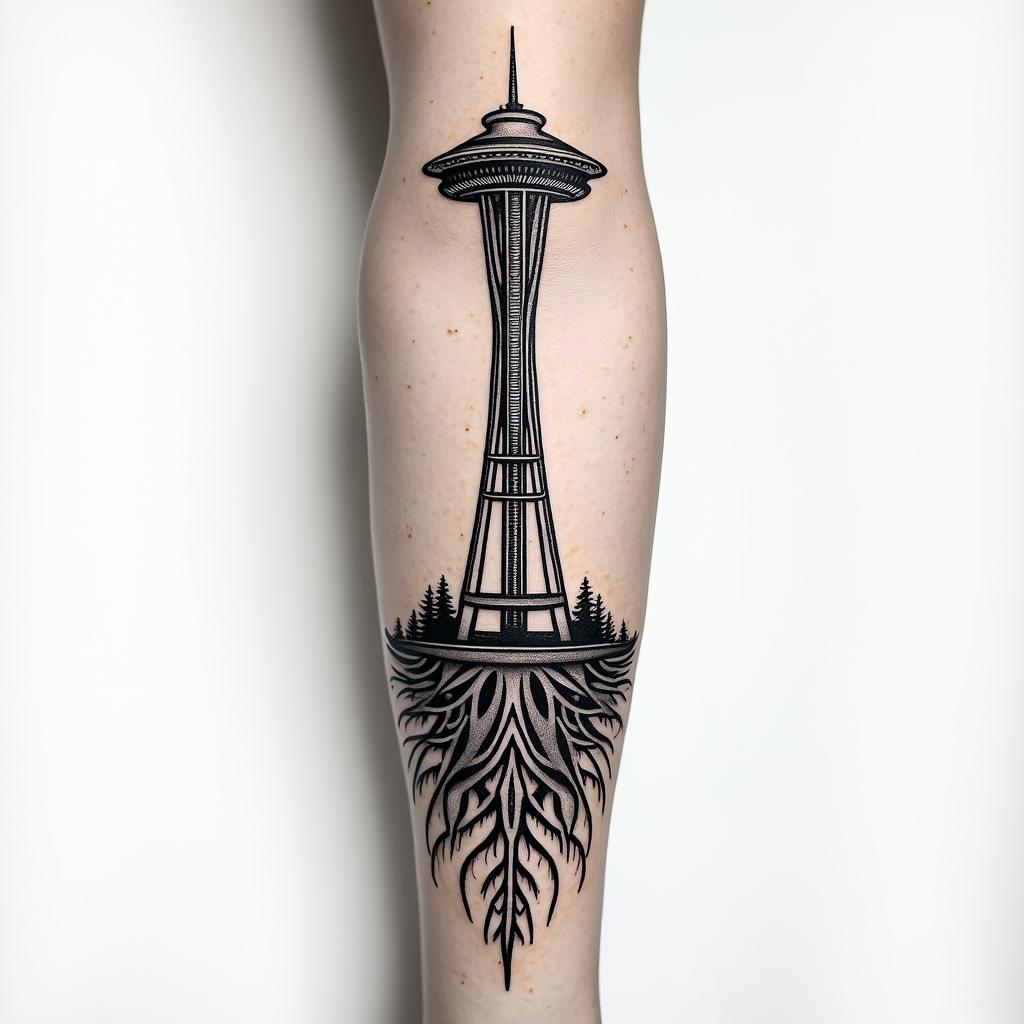 Arm sleeve tattoo with a Pacific Northwest theme and a space needle with tree roots as the bottom with the number 999 hidden in the tattooin dotwork style tattoo, complex mandala patterns, interlocking geometric shapes with sharp symmetry, clean lines, sharp angles - Variation 2