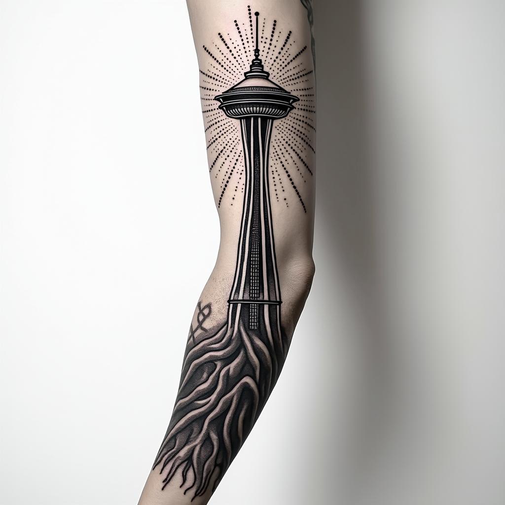 Arm sleeve tattoo with a Pacific Northwest theme and a space needle with tree roots as the bottom with the number 999 hidden in the tattooin dotwork style tattoo, complex mandala patterns, interlocking geometric shapes with sharp symmetry, clean lines, sharp angles