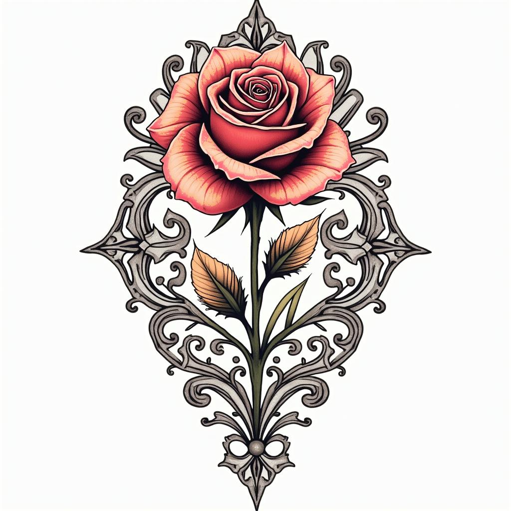 the name of Rosa with the drawing of a rosein ornamental tattoo style, featuring intricate symmetrical patterns and floral designs, showcasing highly detailed line work and geometric shapes, creating a sense of elegance and balance