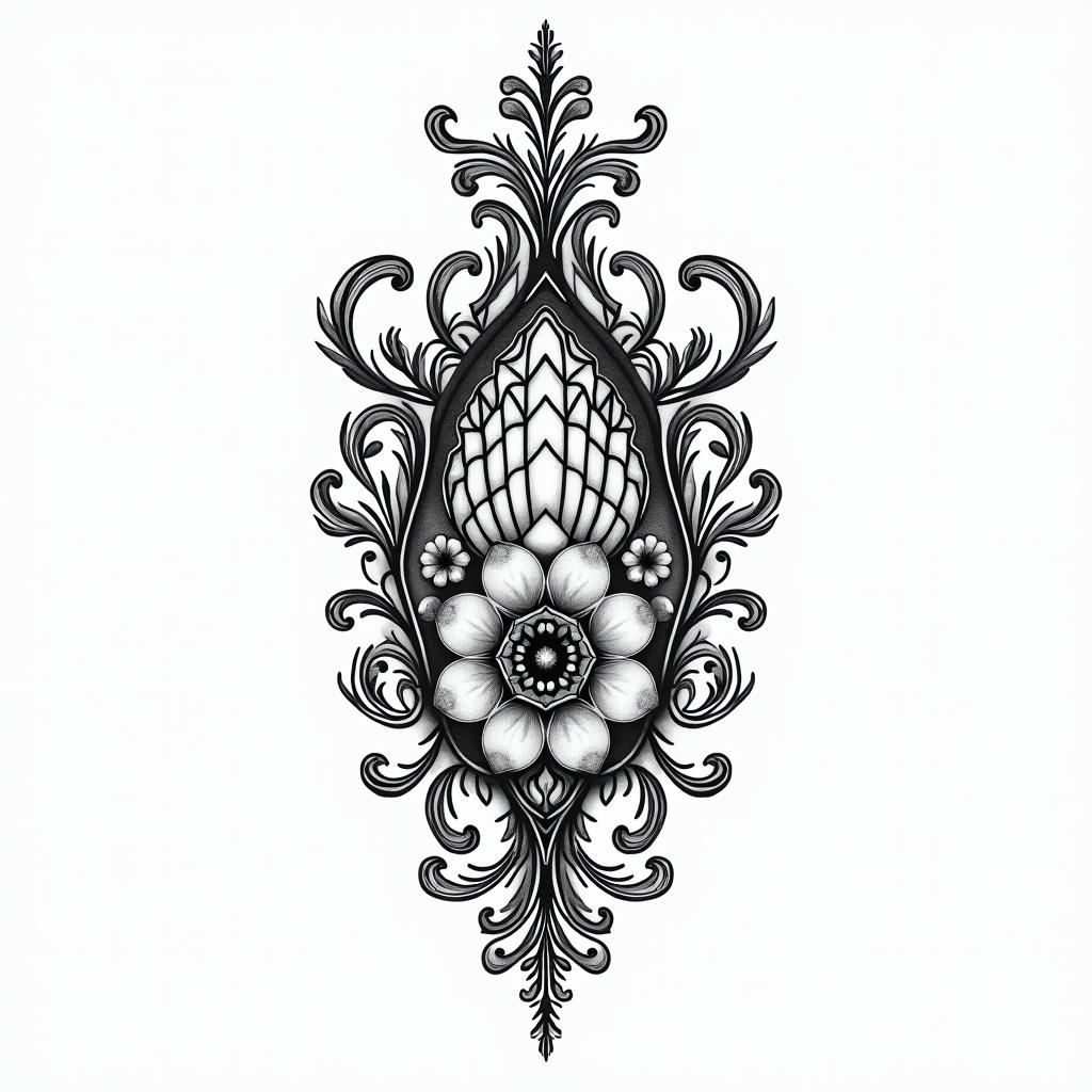 Bird cage cottage corein ornamental tattoo style, featuring intricate symmetrical patterns and floral designs, showcasing highly detailed line work and geometric shapes, creating a sense of elegance and balance - Variation 3