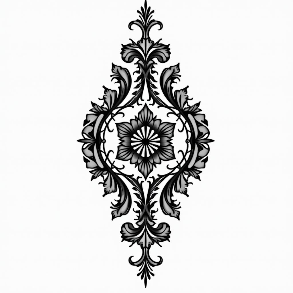 Bird cage cottage corein ornamental tattoo style, featuring intricate symmetrical patterns and floral designs, showcasing highly detailed line work and geometric shapes, creating a sense of elegance and balance