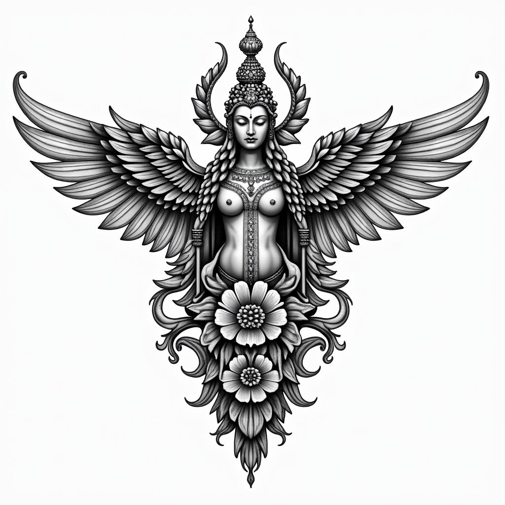 Simona, nordic gods, Capricorn, budhismin ornamental tattoo style, featuring intricate symmetrical patterns and floral designs, showcasing highly detailed line work and geometric shapes, creating a sense of elegance and balance - Variation 3