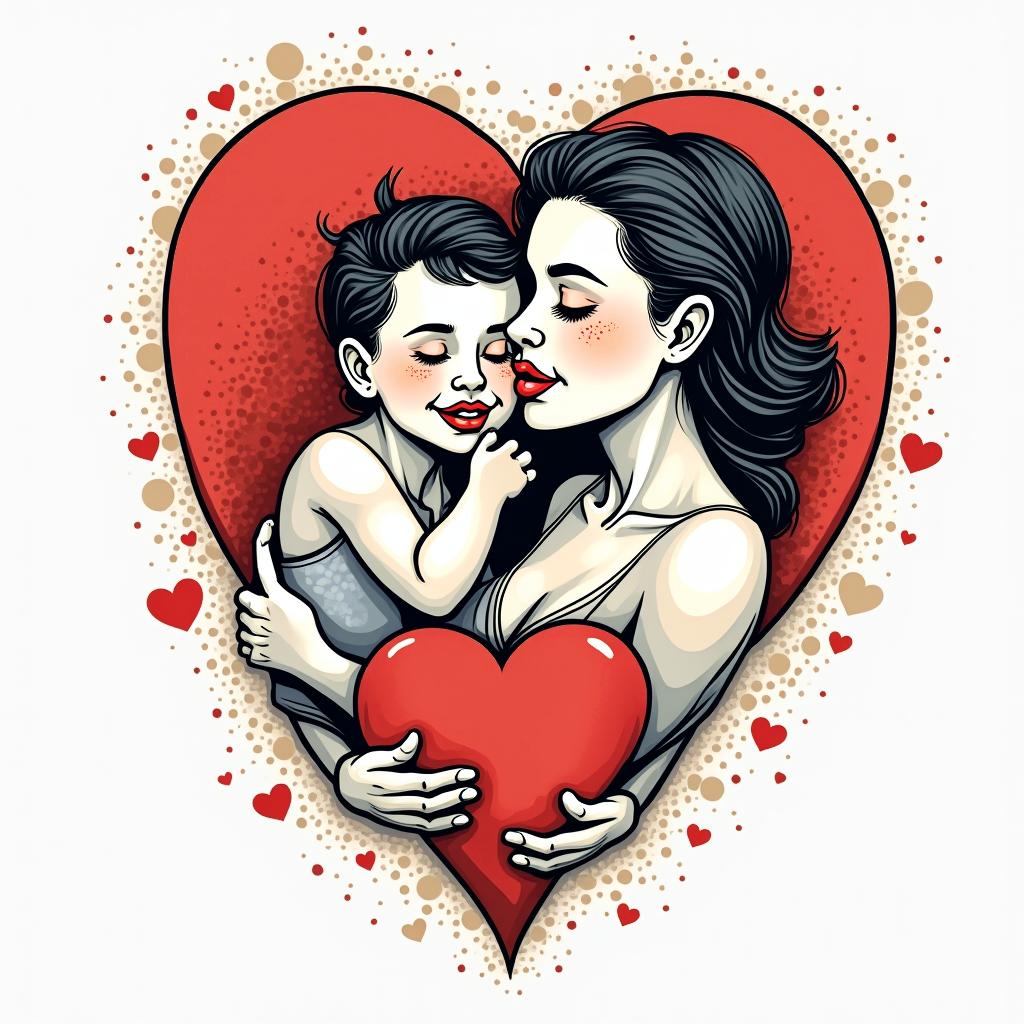Mom's love, baby, minimalistin pop art style tattoo, featuring bold and vibrant colors, exaggerated outlines, iconic imagery, inspired by comic books and speech bubbles, comic book characters, retro pop culture