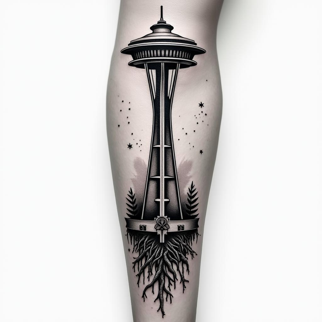 Arm sleeve tattoo with a Pacific Northwest theme and a space needle with tree roots as the bottom with the number 999 hidden in the tattooin chicano style tattoo, featuring intricate black and grey shading, bold elements of traditional chicano culture symbols, add a big cross with skull, chains and roses - Variation 3