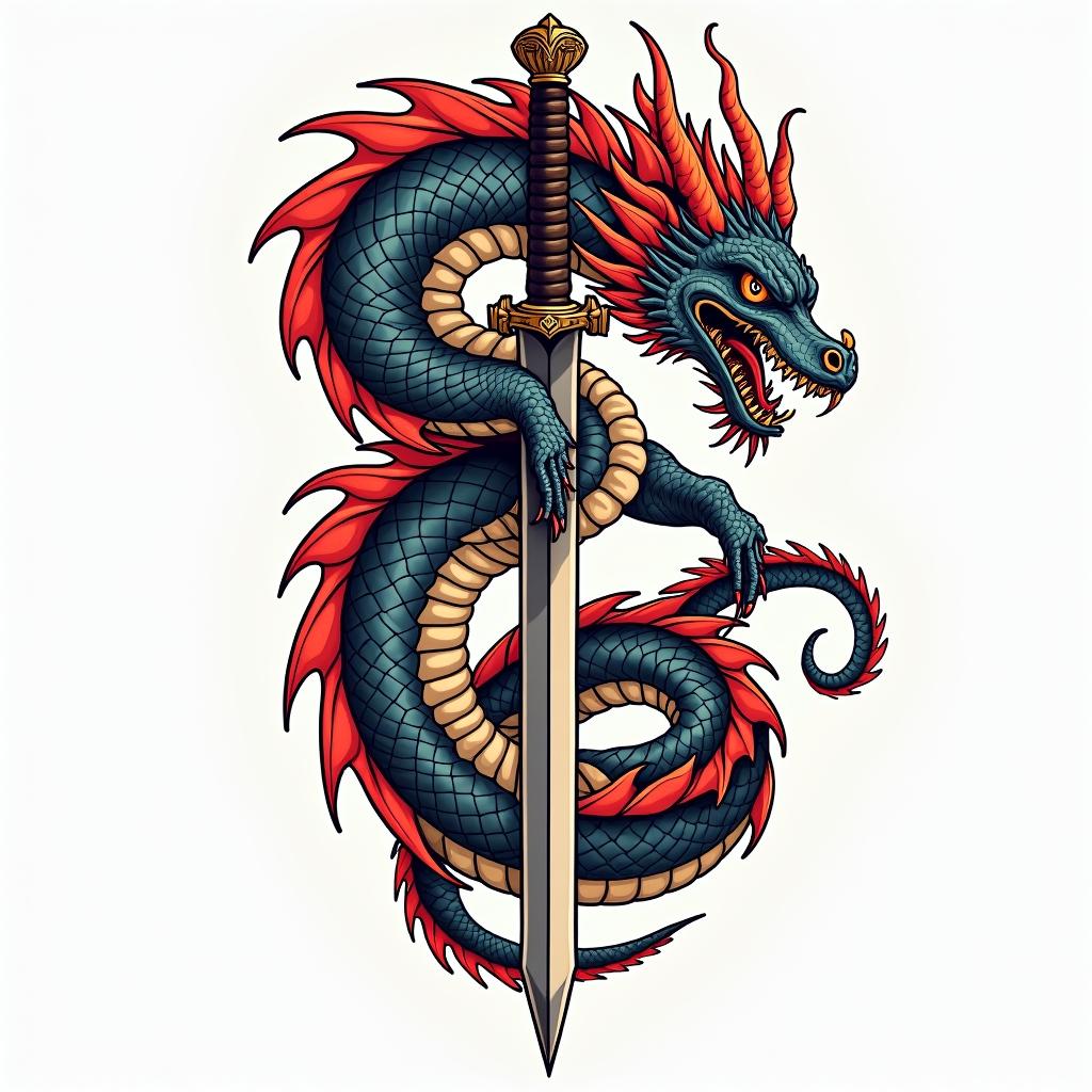 Majestic dragon coiled around a swordin pop art style tattoo, featuring bold and vibrant colors, exaggerated outlines, iconic imagery, inspired by comic books and speech bubbles, comic book characters, retro pop culture