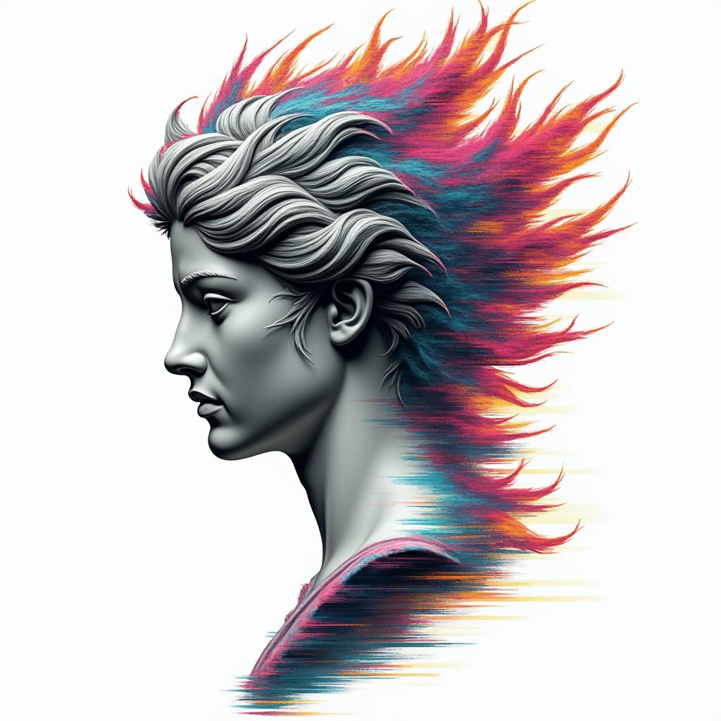 Scorpio witchy Phoenixin distorted and fragmented tattoo design, featuring a classical statue bust, in a glitch art style with vibrant, overlapping colors of cyan, magenta, and yellow, creating a digital distortion effect - Variation 3