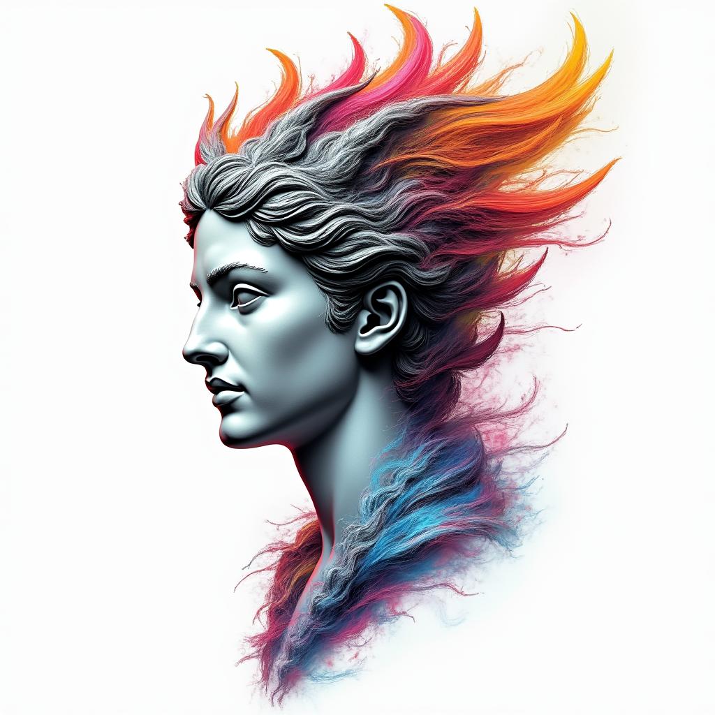 Scorpio witchy Phoenixin distorted and fragmented tattoo design, featuring a classical statue bust, in a glitch art style with vibrant, overlapping colors of cyan, magenta, and yellow, creating a digital distortion effect