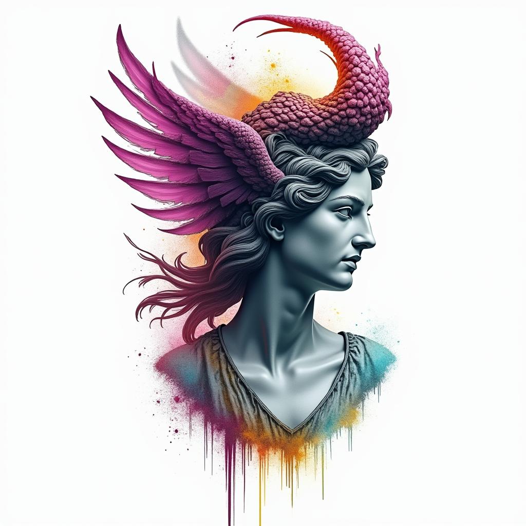 Scorpio witchy Phoenixin distorted and fragmented tattoo design, featuring a classical statue bust, in a glitch art style with vibrant, overlapping colors of cyan, magenta, and yellow, creating a digital distortion effect - Variation 2