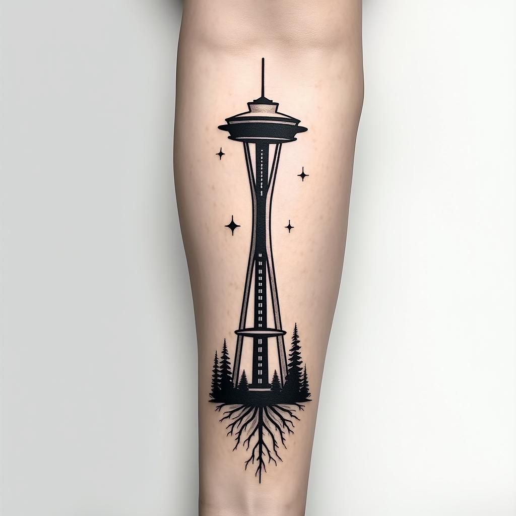Arm sleeve tattoo with a Pacific Northwest theme and a space needle with tree roots as the bottom with the number 999 hidden in the tattooin minimalist style tattoo, featuring simple shapes and fine lines, with minimal shading and details, tiny triangles, creating a sense of balance and harmony - Variation 3