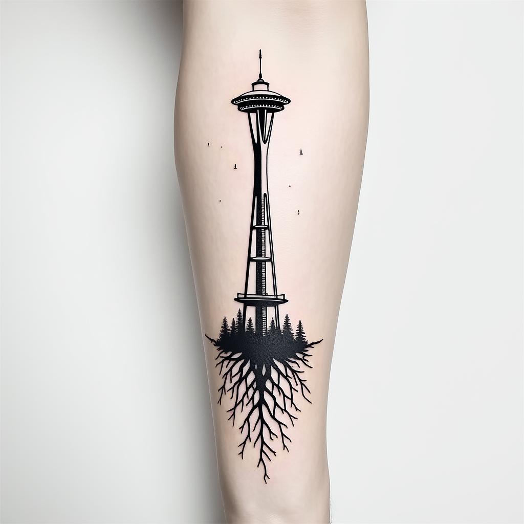Arm sleeve tattoo with a Pacific Northwest theme and a space needle with tree roots as the bottom with the number 999 hidden in the tattooin minimalist style tattoo, featuring simple shapes and fine lines, with minimal shading and details, tiny triangles, creating a sense of balance and harmony - Variation 2