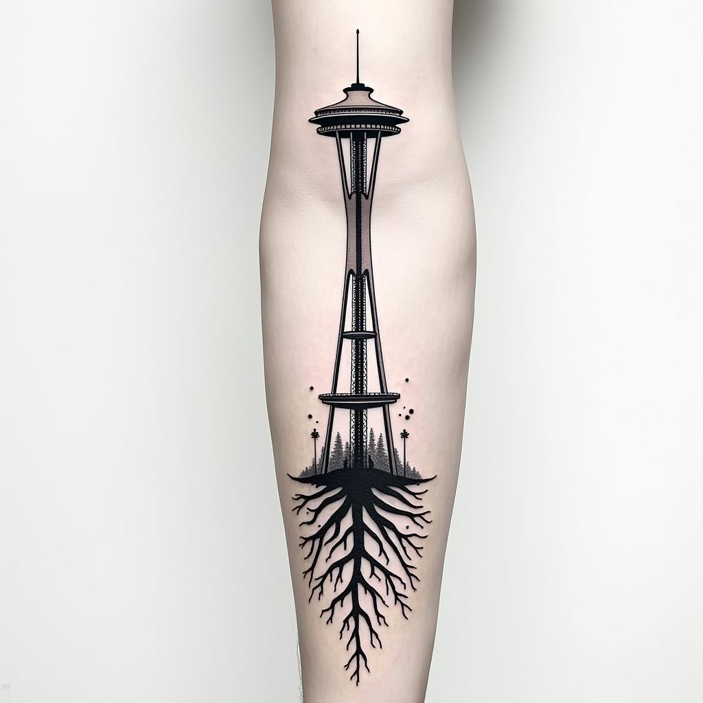 Arm sleeve tattoo with a Pacific Northwest theme and a space needle with tree roots as the bottom with the number 999 hidden in the tattooin minimalist style tattoo, featuring simple shapes and fine lines, with minimal shading and details, tiny triangles, creating a sense of balance and harmony - Variation 4