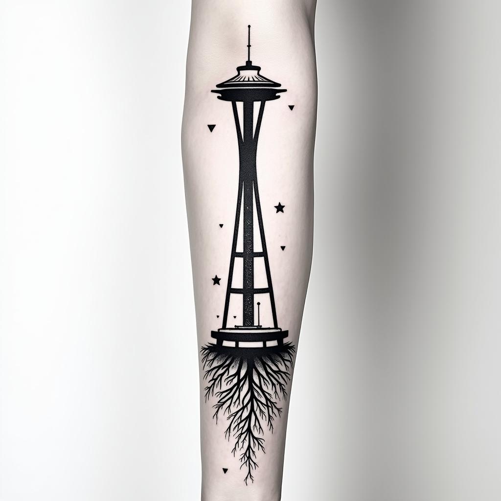 Arm sleeve tattoo with a Pacific Northwest theme and a space needle with tree roots as the bottom with the number 999 hidden in the tattooin minimalist style tattoo, featuring simple shapes and fine lines, with minimal shading and details, tiny triangles, creating a sense of balance and harmony