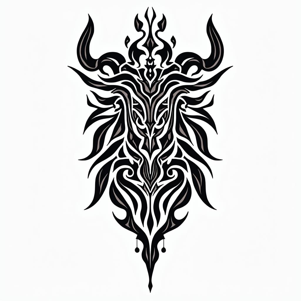 Simona Capricorn nature mountain nordic godsin tribal tattoo style, featuring bold and black geometric shapes, curved lines, intertwine and flow seamlessly, creating a powerful and symbolic design, polynesian and maori styles - Variation 8