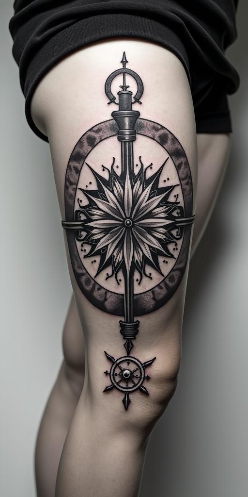 Anchor with nautical rope and compassin dotwork style tattoo, complex mandala patterns, interlocking geometric shapes with sharp symmetry, clean lines, sharp angles - Variation 6