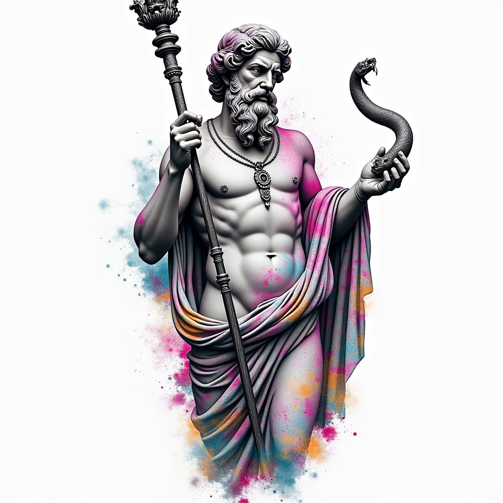 Asclepius holding rod 
Greek mythology. Make sure to add snake around rodin distorted and fragmented tattoo design, featuring a classical statue bust, in a glitch art style with vibrant, overlapping colors of cyan, magenta, and yellow, creating a digital distortion effect - Variation 4