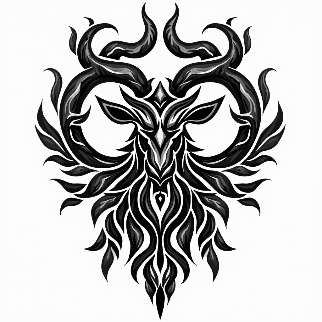 Simona Capricorn nature mountain nordic godsin tribal tattoo style, featuring bold and black geometric shapes, curved lines, intertwine and flow seamlessly, creating a powerful and symbolic design, polynesian and maori styles - Variation 3