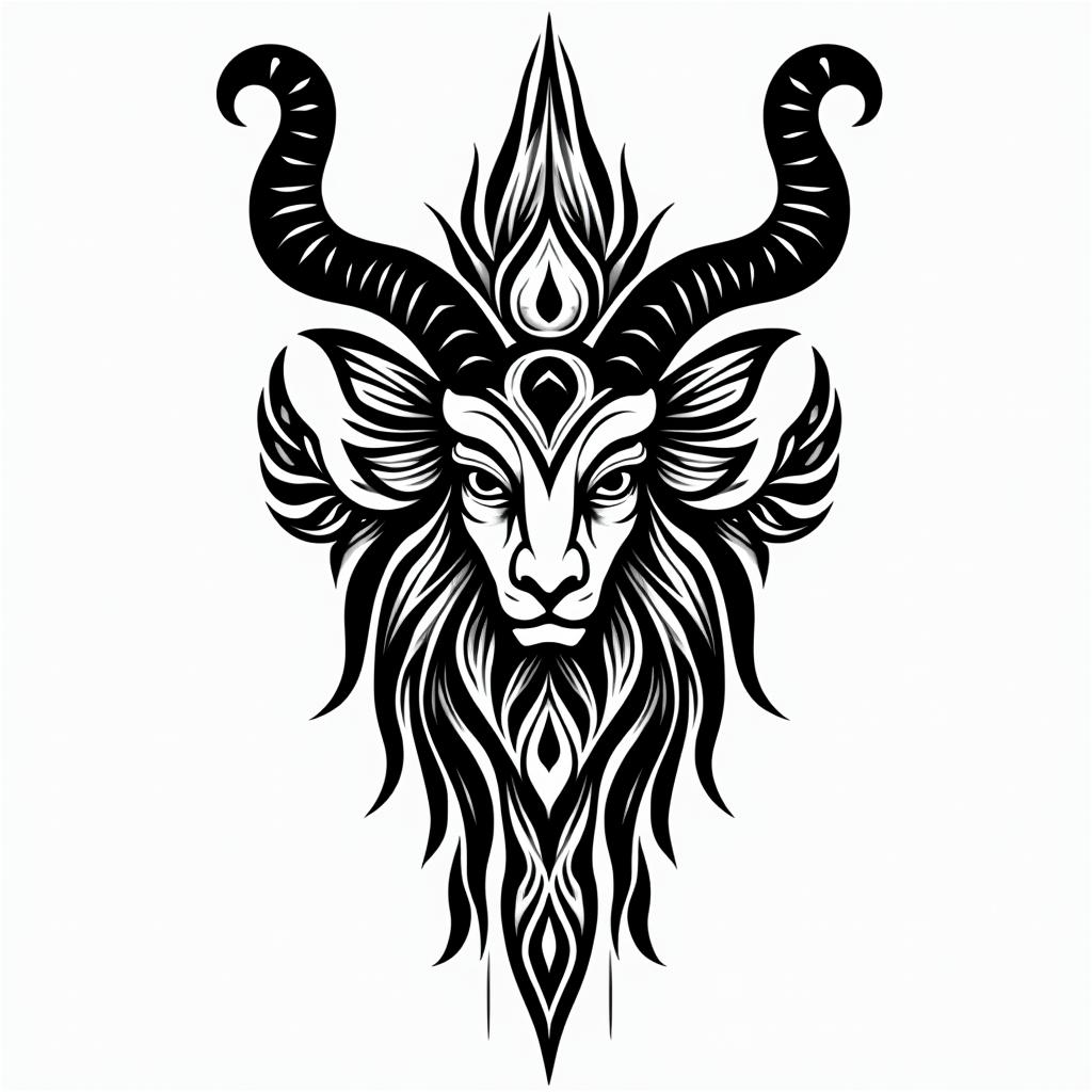 Simona Capricorn nature mountain nordic godsin tribal tattoo style, featuring bold and black geometric shapes, curved lines, intertwine and flow seamlessly, creating a powerful and symbolic design, polynesian and maori styles