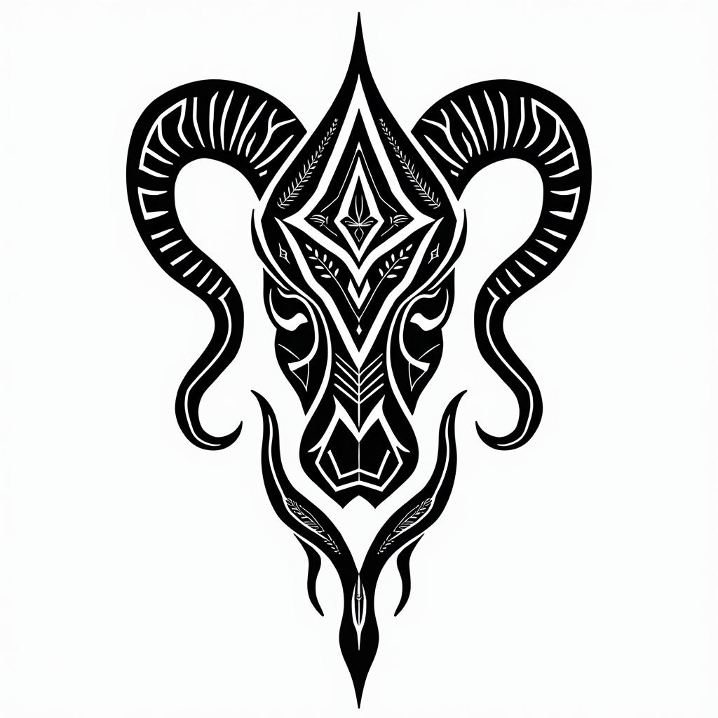 Simona Capricorn nature mountain nordic godsin tribal tattoo style, featuring bold and black geometric shapes, curved lines, intertwine and flow seamlessly, creating a powerful and symbolic design, polynesian and maori styles - Variation 4
