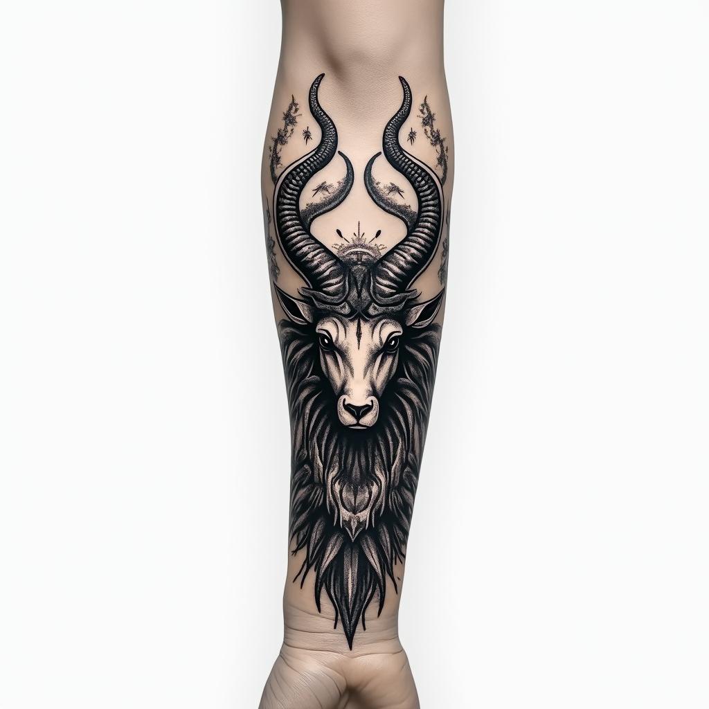 A tattoo that looks imposing, that commands respect, featuring the Capricorn sign, extending from the forearm to the hand.higly detailed tattoo